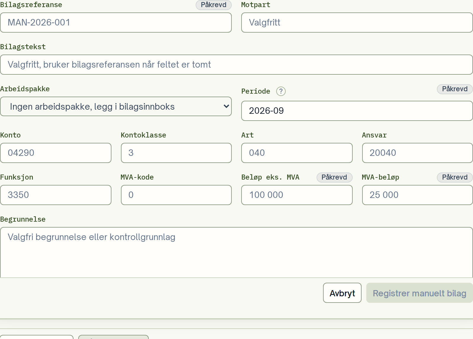 Skjemaet Registrer manuelt bilag med referanse, bilagstekst, arbeidspakke, periode, regnskapsdimensjoner og beløp.
