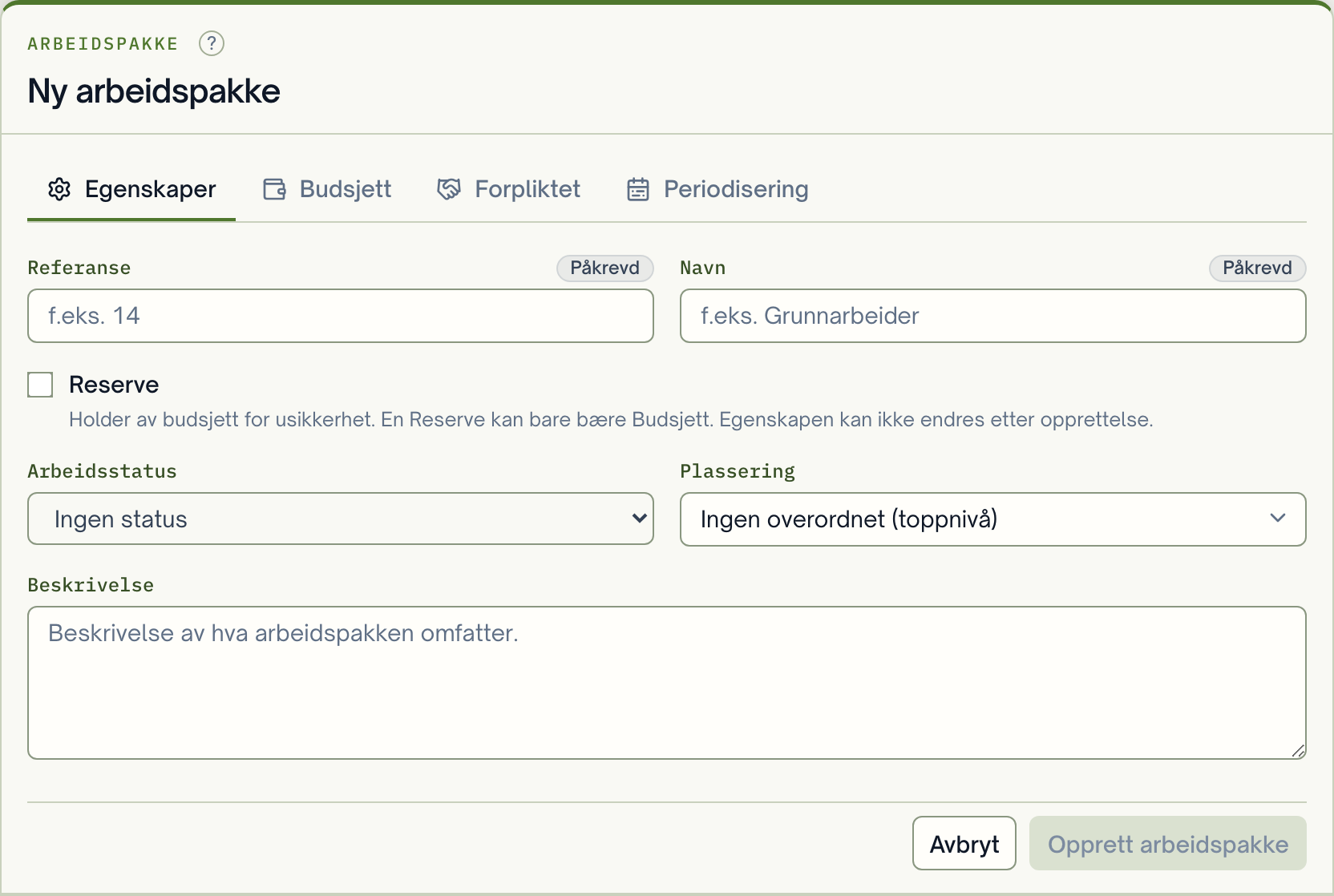 Draweren Ny arbeidspakke med grunndata og valgfrie beløpsfelt.