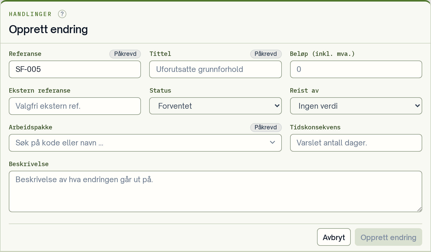 Skjemaet Opprett endring med referanse, tittel, beløp, status, arbeidspakke og beskrivelse.