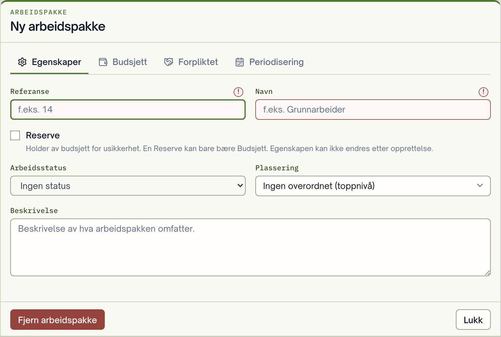 Detaljene for en ny arbeidspakke med referanse, navn, plassering og type.