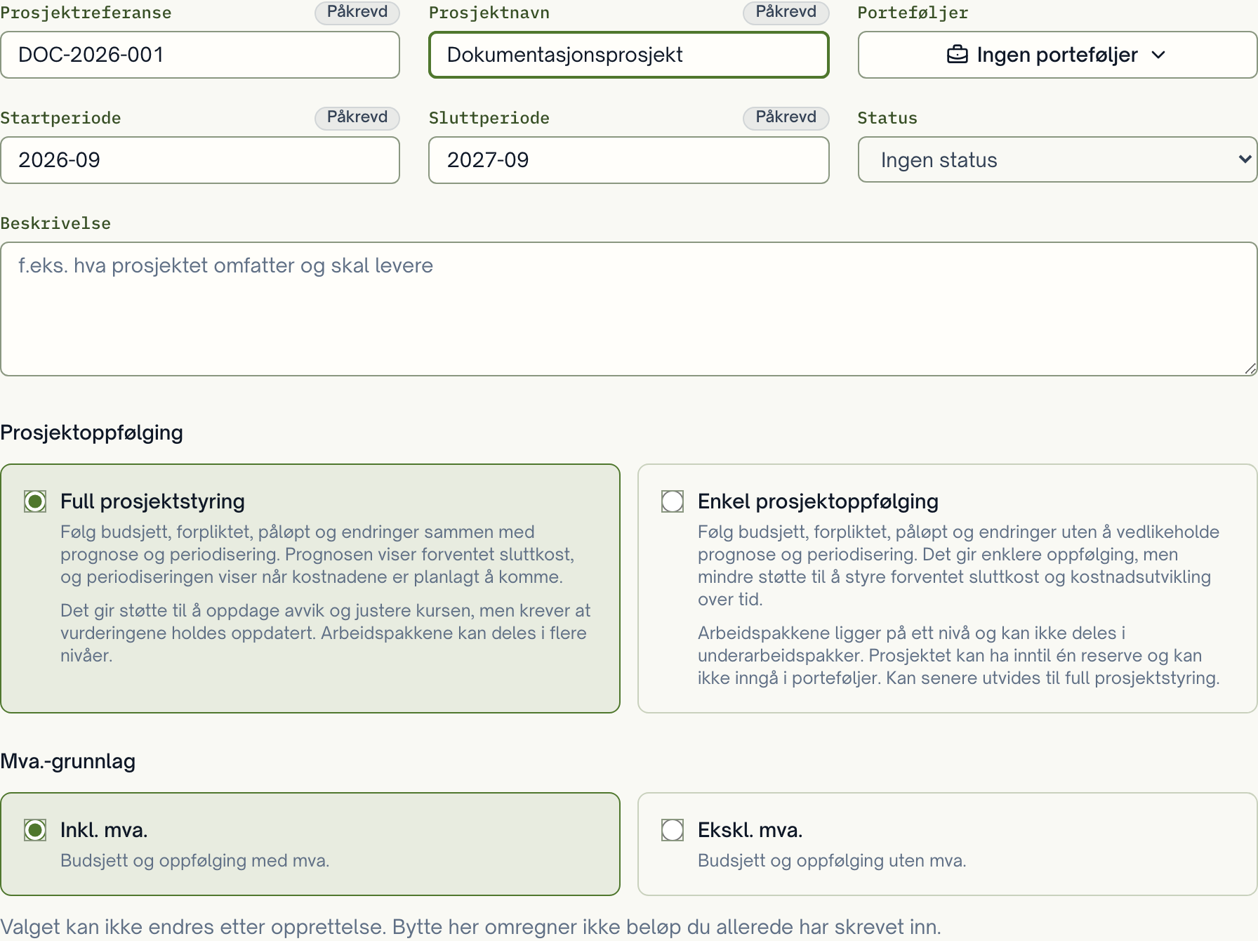 Første steg i prosjektveiviseren med prosjektinformasjon, periode, status og beskrivelse.