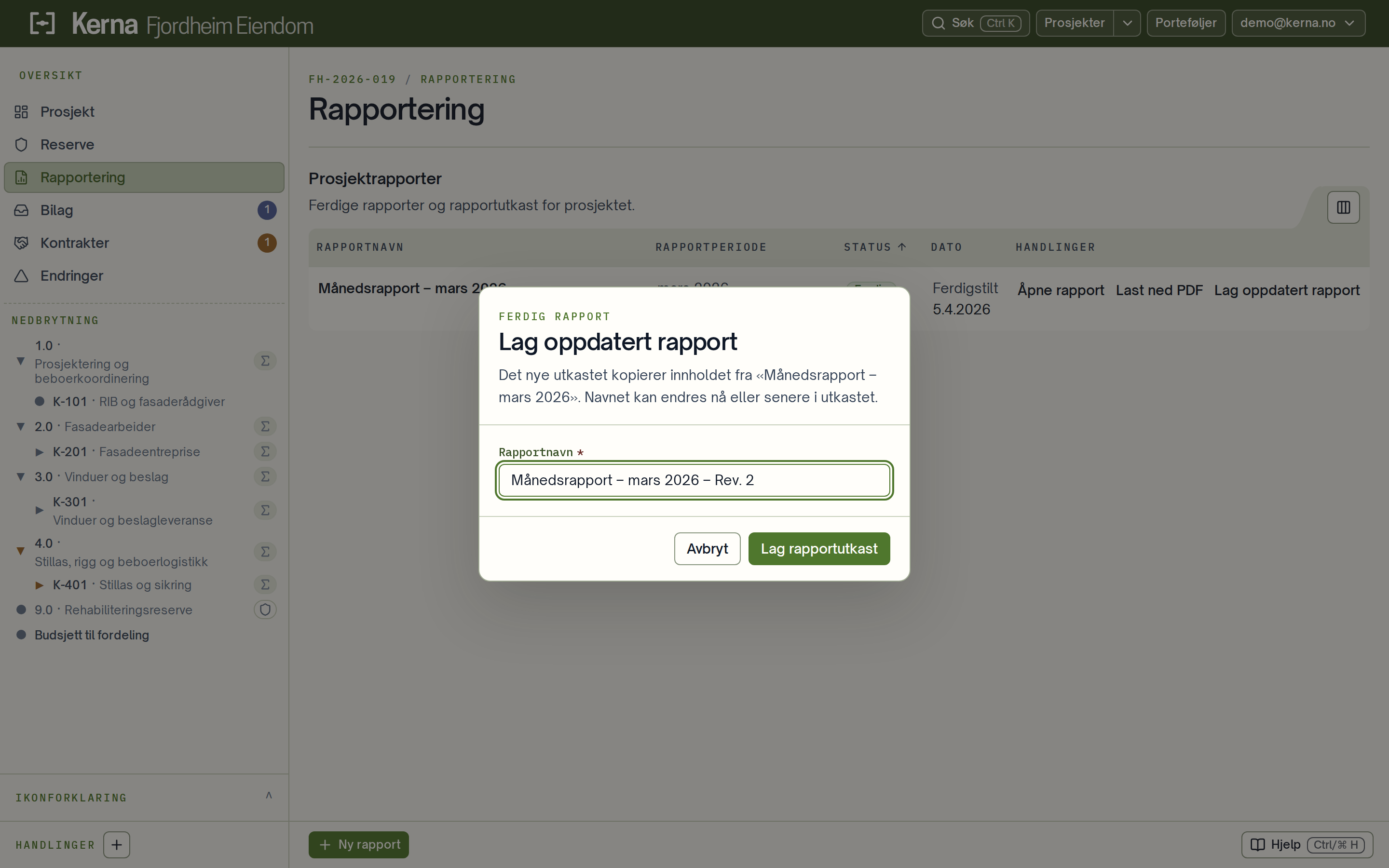 Dialogen Lag oppdatert rapport med foreslått rapportnavn.