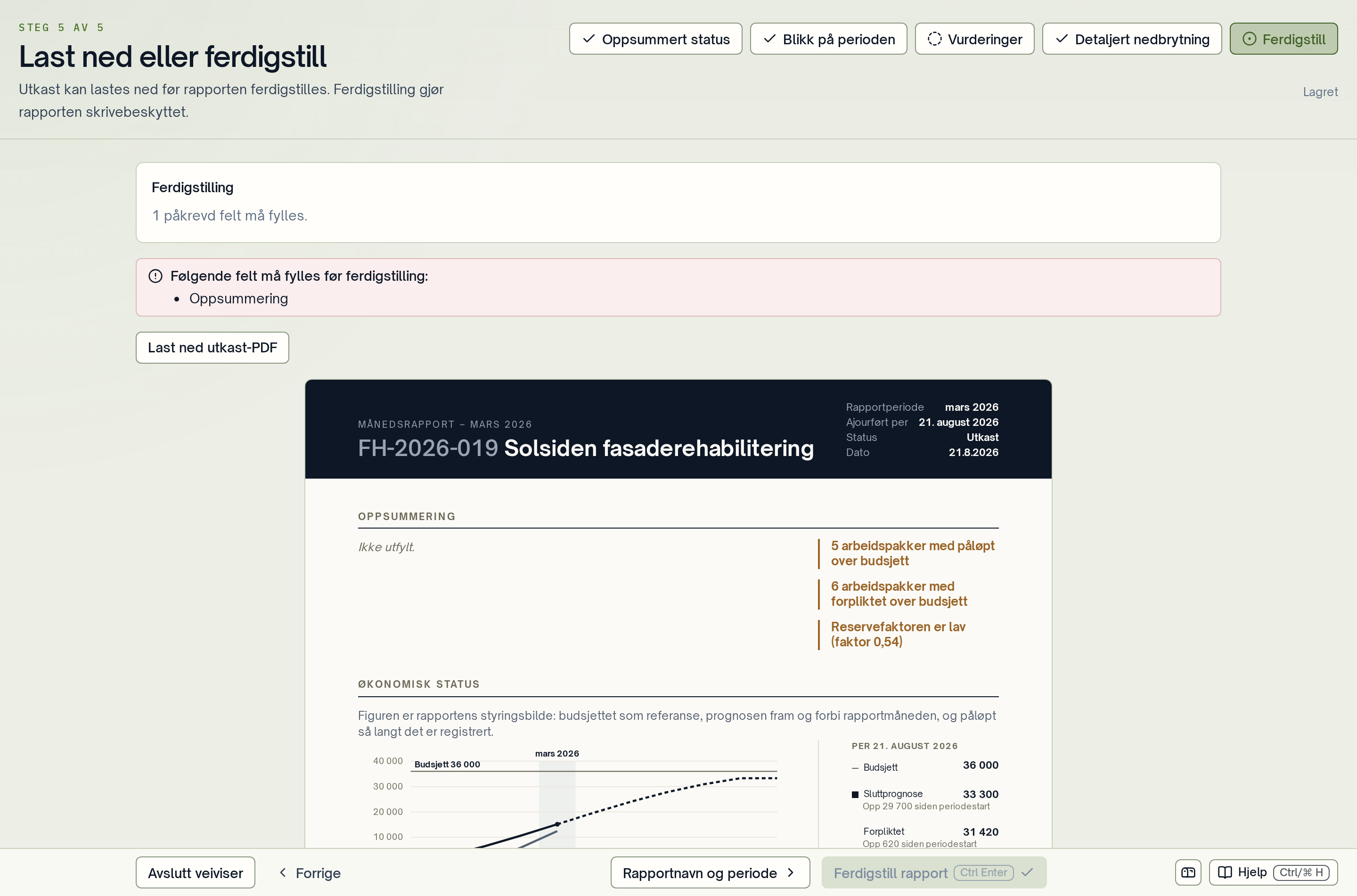 Ferdigstillingssteget med handlingen Last ned utkast-PDF.